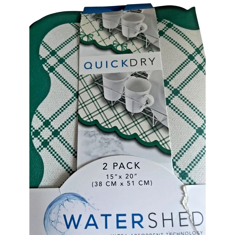 Watershed Quick Dry Kitchen Dish Drying Mat Set Of 2 Green Plaid Rubber Back